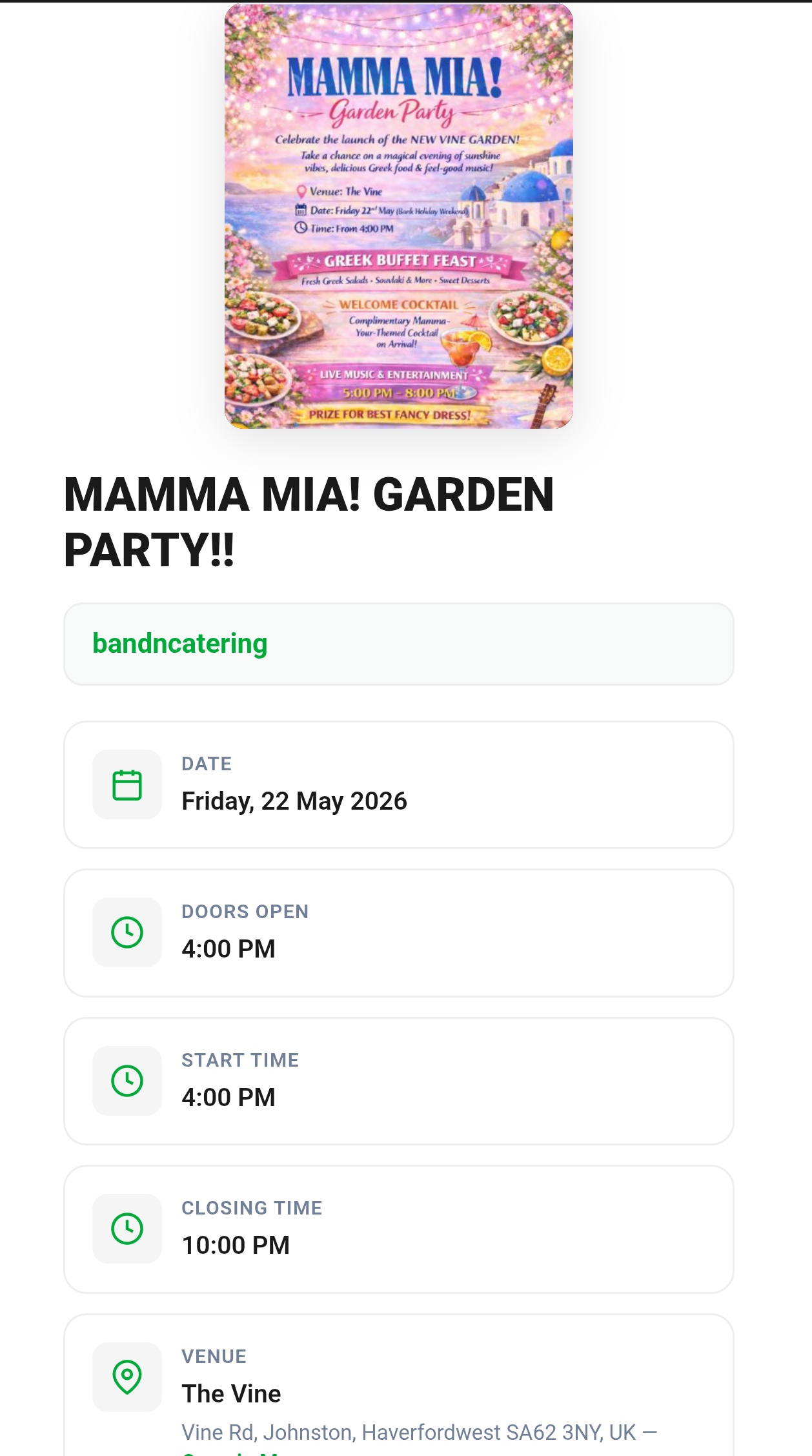 A live event page on TocynTicket — the Mamma Mia Garden Party at The Vine, Pembrokeshire